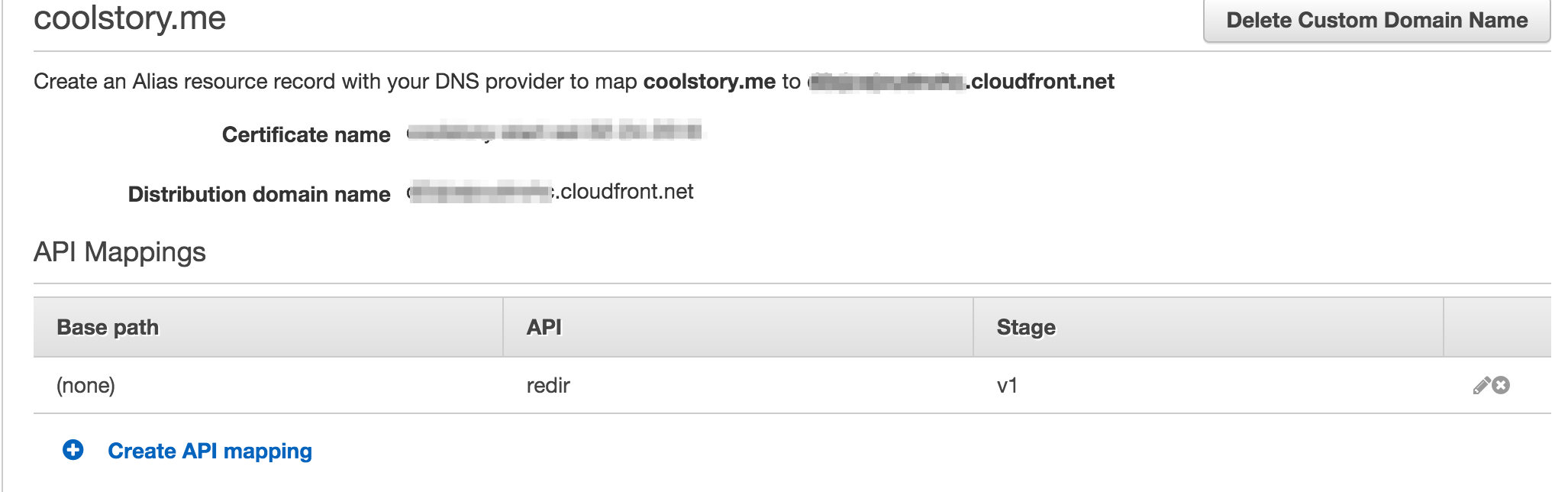 API Gateway custom domain update form