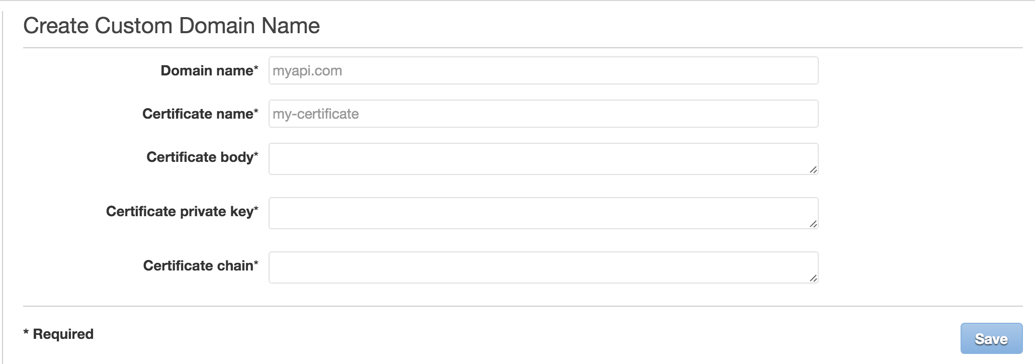 API Gateway custom domain creation form