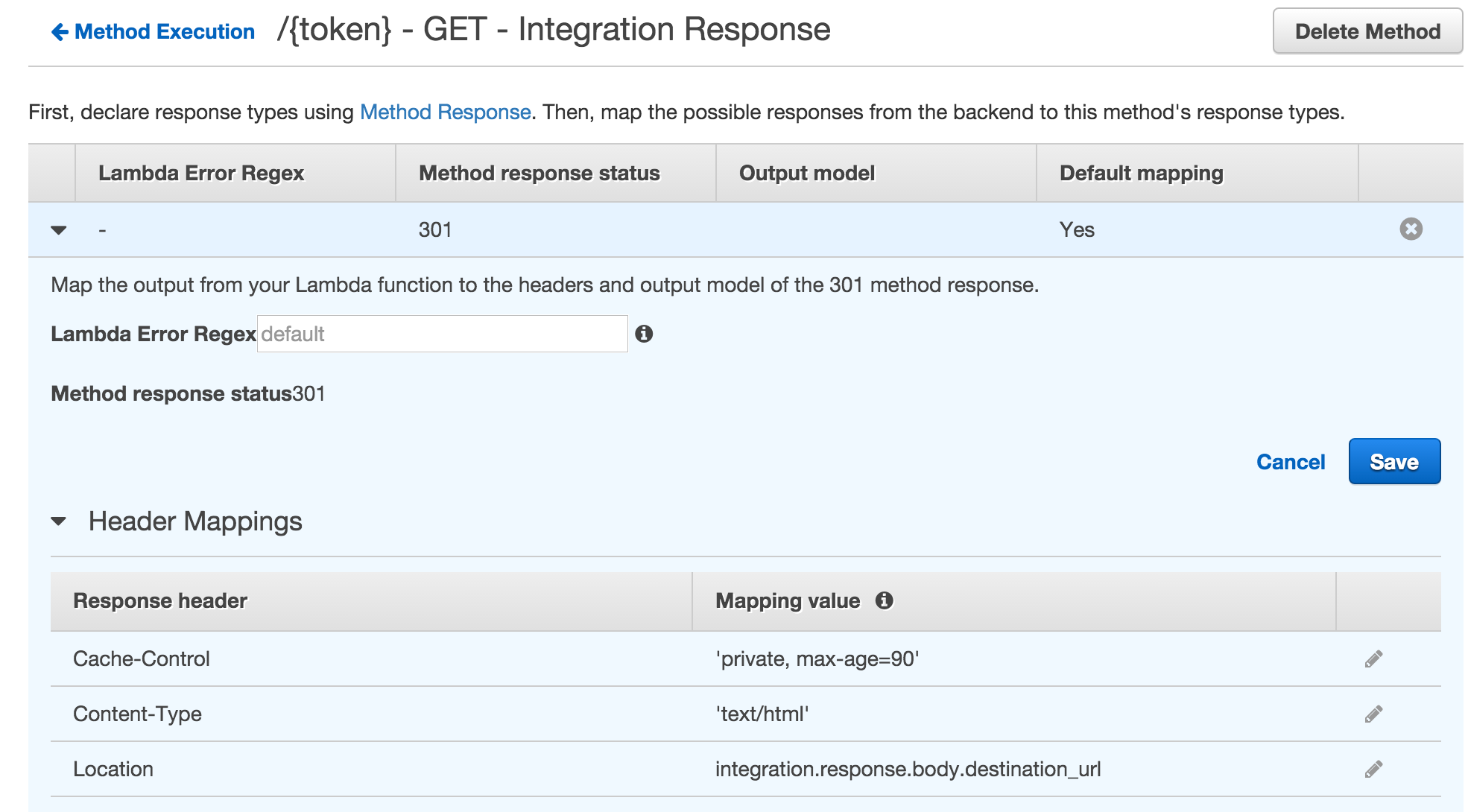 /{token} endpoint GET method Integration Response settings