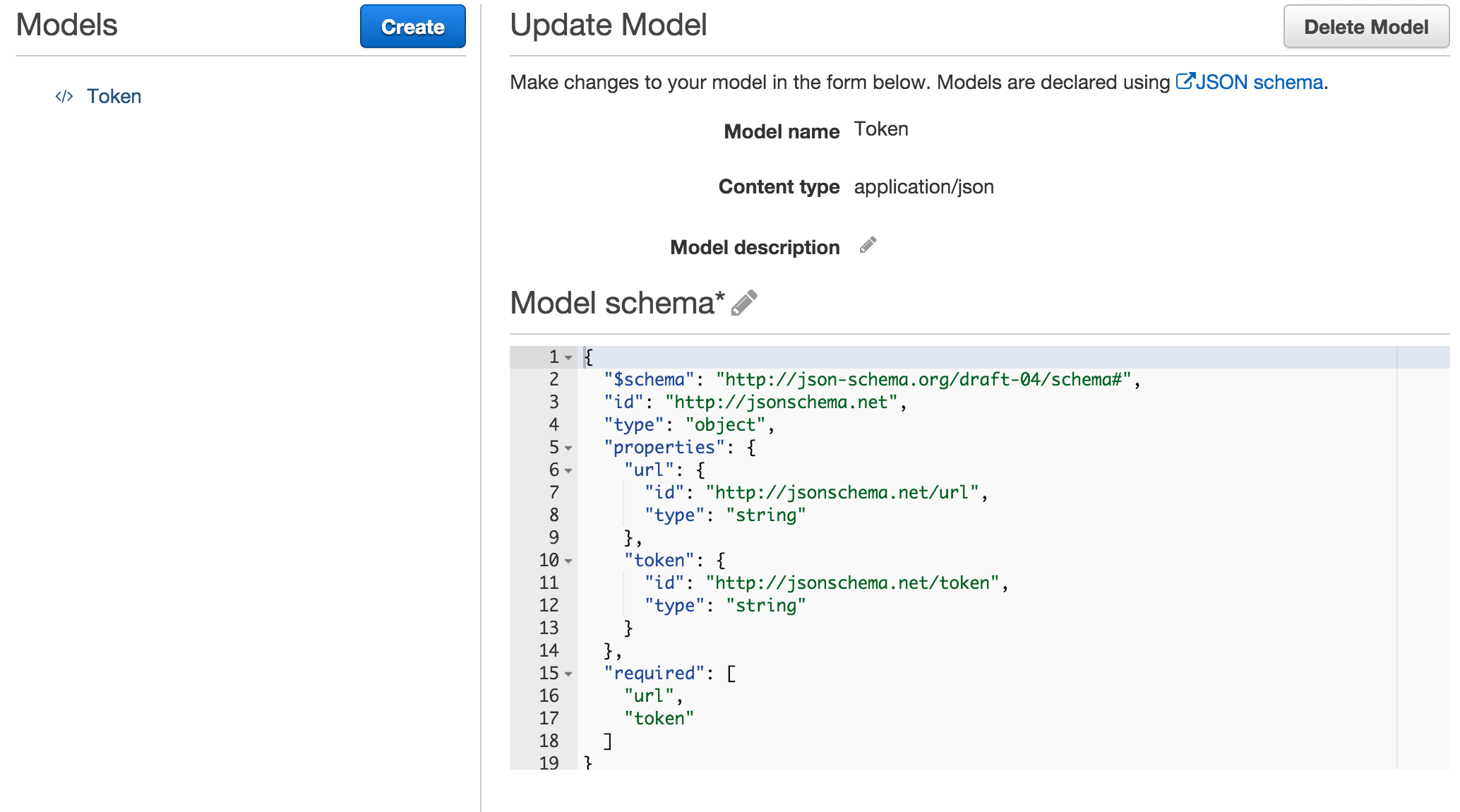 API Gateway model panel